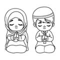 Cute praying Islamic children girl and boy. Religious ethnic believer little child character on his knees with folded