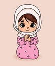 Cute praying little girl in headscarf. Religious believer child character with hands folded in prayer. Vector