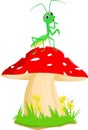 Cute Praying mantis cartoon with red mushroom