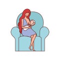 Cute pregnancy mother with little baby seated in sofa