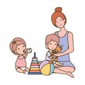 Cute pregnancy mother with little kids characters