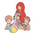 Cute pregnancy mother with little kids characters