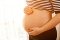 Cute pregnant belly, close up. Maternal care and love. Pregnant woman touching her belly with hands Royalty Free Stock Photo