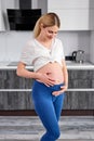 Cute Pregnant Female Look At Belly Tummy WIth Love, Stroking