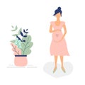 Cute pregnant girl in pink dress.Flat Funky Figures style.Decorated beautiful leaves and heart.Vector illustration.For advertising