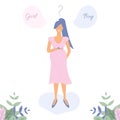 Cute pregnant girl in pink dress.Flat Funky Figures style.Decorated beautiful leaves.Question or dreams about Girl or Boy. Vector