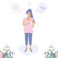 Cute pregnant girl in pink tunic and jeans.Flat Funky Figures style.Decorated beautiful leaves.Question or dreams about Girl or