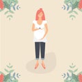 Cute pregnant girl in white tunic and jeans.Flat Funky Figures style.Decorated beautiful leaves.Vector illustration.For