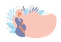 Cute pregnant woman with long blond hair on a background of leaves. The concept of pregnancy, motherhood, family. Flat
