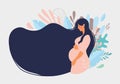 Cute pregnant woman with long hair on a background of blue leaves. The concept of pregnancy, motherhood, family. Flat design with Royalty Free Stock Photo