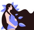 Cute pregnant woman with long hair on a background of blue leaves. The concept of pregnancy, motherhood, family. Flat design with Royalty Free Stock Photo