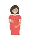 Cute pregnant woman in red dress isolated on a white background Royalty Free Stock Photo