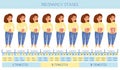 A cute pregnant girl is holding on to her tummy and smiling. Pregnancy development chart.