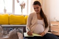 Cute Pregnant Woman Writing Packing List For Maternity Hospital Notebook Prepares Bag. Young Ledy In Pregnancy Have Fun Royalty Free Stock Photo