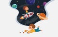 Cute preschool boy sit on the floor and play with the toy planets and imagine himself trevel on the rocket. Space Royalty Free Stock Photo