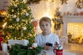 Cute preschool child, blond boy, making advent wreat at home in decorated Christmas room