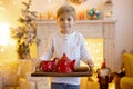 Cute preschool child, blond boy with pet dog, playing in decorated Christmas room Royalty Free Stock Photo