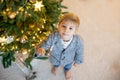 Cute preschool child, blond boy with pet dog, playing in decorated Christmas room Royalty Free Stock Photo