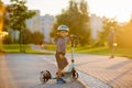 Cute preschool child, playing in the park on scooter on sunset Royalty Free Stock Photo