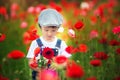 Cute preschool child in poppy field, holding a bouquet of wild f Royalty Free Stock Photo