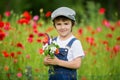 Cute preschool child in poppy field, holding a bouquet of wild f Royalty Free Stock Photo