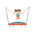 Cute preschool girl jumping on trampoline. Children recreation. Active leisure. Happy childhood. Flat vector design