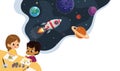 Cute preschool kids draw planets and imagine theirself trevel on the rocket. Space, rockers stars, galaxy, and planets