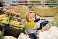 Cute preschooler boy with headphone and player is sitting in a shopping cart at a food store or supermarket. A child is listening Royalty Free Stock Photo