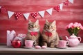 Cute pretty cats couple with festive dinner for birthday gift or valentine\'s day greeting card