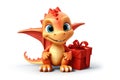 Cute pretty dragon baby with gift box for birthday gift or valentine\'s day greeting card