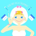 Cute pretty girl cosmetic make up and beauty spa skin care treatment flat character design,cartoon infographic