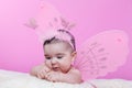 Cute, pretty, happy, chubby baby girl curious about her hands, with pink butterfly wings