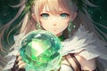 Manga girl with green eyes and a magic crystal, creating a protective shield to ward off evil spirits illustration generative ai