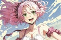 Pretty Manga girl with pink and white hair and a frilly dress, spreading joy and happiness wherever she goes, manga style