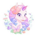 Cute pretty pink baby unicorn surrounded with flowers and butterflies. Isolated vector illustration. Royalty Free Stock Photo