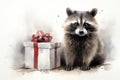 Cute pretty raccoon with gift box for birthday gift or valentine\'s day greeting card