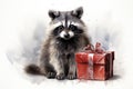 Cute pretty raccoon with gift box for birthday gift or valentine\'s day greeting card
