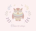 Cute pretty sleeping cartoon owl with colorful feathers. Vector pastel illustration for baby print, pajamas, pillows