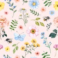 Watercolor floral seamless pattern. Cute botanical print, blooming meadow illustration with wildflowers, butterflies