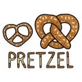 Cute pretzel cartoon vector illustration motif set. Hand drawn isolated fresh baked pastry elements clipart for bakery Royalty Free Stock Photo