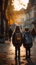 Cute primary school students back view on an evening street