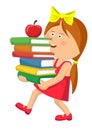 Cute primary schoolgirl carrying stack books with red apple Royalty Free Stock Photo