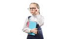 Cute Primary Student Girl Hold Textbooks Copyspace