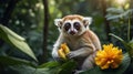 Adorable Golden Bamboo Lemur Eating a Fruit in Lush Green Forest Royalty Free Stock Photo