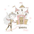 Cute Prince and a fairy-tale castle. Vector. Royalty Free Stock Photo