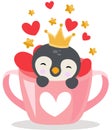 Cute prince penguin inside love cup with hearts and stars