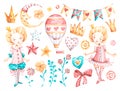 Cute princess baby girl. Watercolor vector nursery cartoon magic little queen cute air balloons stars hearts. Adorable