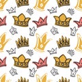 Cute princess birthday vector seamless pattern with pink and gold crowns