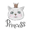 cute princess cat with a glitter crown and lettering slogan princess print