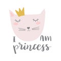 Cute princess cat with a golden crown. Can be used for tshirt print, baby clothes,child wrapping paper. Creative vector girlish